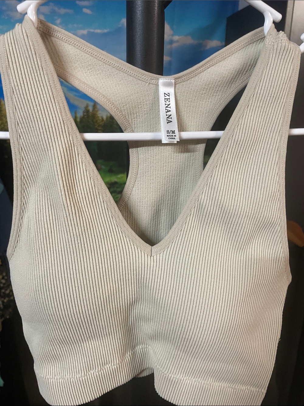 Zenana Outfitters Ribbed Racerback Crop Brami Tank - Beige Cream Smsll/Medium